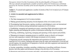Law No. 39-L/CTN1 of April 20, 1995, on amendments and supplementations to a number of Articles of the Civil aviation Law of Vietnam