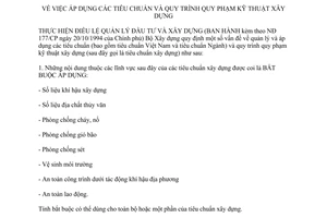 Thông tư số 12/BXD-KHCN áp dụng tiêu chuẩn quy trình quy phạm kỹ thuật xây dựng