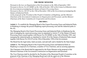 Decision No. 240-TTg of April 27, 1995, on the establishment of the managing board of the export processing zones and industrial parks in Haiphong