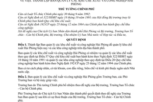 Quyết định 240-TTg thành lập Ban quản lý các khu chế xuất và công nghiệp Hải Phòng