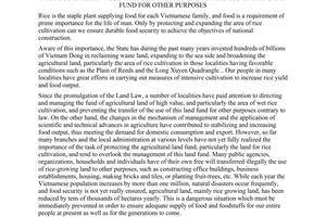 Derective No. 247-TTg of April 28, 1995, on preventing reduction of the area of wet rice and other farm produce of high value through the transfer of the use of this land fund for other purposes