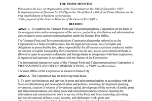 Decision No. 249-TTg of April 29, 1995, on the establishment of the Vietnam Posts and Telecommunications Corporation
