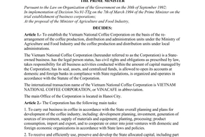 Decision No. 251-TTg of April 29, 1995, on the establishment of the Vietnam national coffee corporation