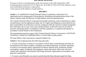 Decision No. 254-TTg of April 29, 1995, on the establishment of the Vietnam National Tobacco Corporation