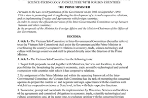 Decision No. 258-TTg of April 29, 1995, on the organization and operation of the Vietnam Sub-Committee in Inter-Governmental Committees for Cooperation in economy, trade, science-technology and culture with foreign countries