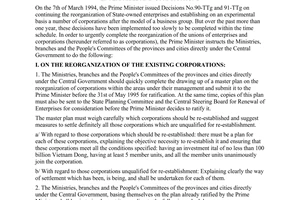 Directive No. 272-TTg of May 03, 1995, calling for early completion of the reorganization of the unions of enterprises and corporations