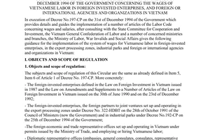 Circular No. 11-LDTBXH/TT of May 03, 1995, 	guiding the implementation of Decree No.197-CP on the 31st of December 1994 of the Government concerning the wages of Vietnamese labor in foreign invested enterprises, and foreign or international agencies and organizations in Vietnam