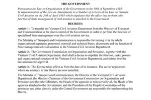 Decree No. 32-CP of May 22, 1995, to place the Vietnam civil aviation department under the direct control of the Government