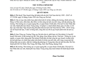 Quyết định 307-TTg phê duyệt quy hoạch tổng thể phát triển du lịch Việt Nam 1995 - 2010