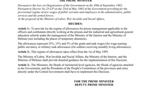 Decision No. 316-TTg of May 25, 1995, providing for the regime of allowances for prison management