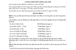 Quyết định 478 UB/QĐ năm 1995 qui định mức thu lệ phí ở  Bến xe ô tô
