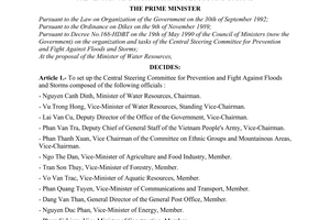 Decision No. 349-TTg of June 10, 1995, on the establishment of the central steering committee for prevention and fight against floods and storms