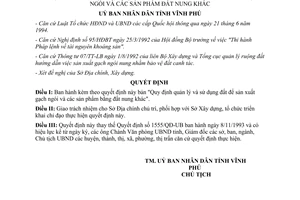 Quyết định 1022/QĐ-UB 1995 quản lý sử dụng đất sản xuất gạch ngói sản phẩm đất nung Vĩnh Phú