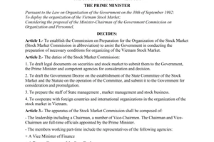 Decision No. 361-TTg of June 20, 1995, to establish the commission on preparation for the organization of the stock market in Vietnam