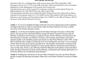 Decision No. 362-TTg of June 20, 1995, on investment in the Hanoi National University, phase one (in Hanoi)