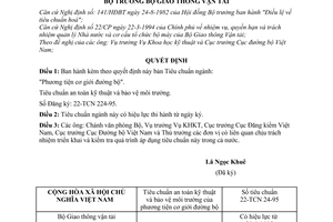 Quyết định 3321-QĐ/KH-KT bản Tiêu chuẩn ngành 22-TCN 224-95 "Phương tiện cơ giới đường bộ-Tiêu chuẩn an toàn kỹ thuật và bảo vệ môi trường"