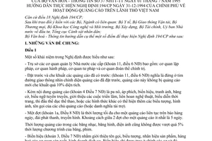 Thông tư 37-VHTT-TT hoạt động quảng cáo trên lãnh thổ Việt Nam hướng dẫn Nghị định 194/CP