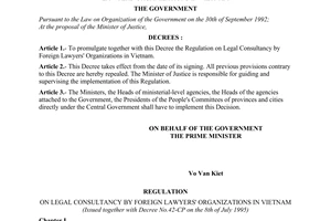 Decree No. 42-CP of July 08, 1995, promulgating the regulation on legal consultancy of foreign lawyers' organizations in Vietnam