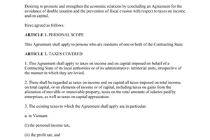 Agreement avoidance double taxation prevention fiscal evasion respect taxes income capital Vietnam Romania