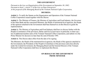 Decree No. 44-CP of July 15, 1995, ratifying the statute on the organization and operation of the Vietnam National Coffee Corporation