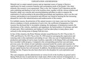 Directive No. 417-TTg of July 17, 1995, on the continued reform of the organization, strengthening of the management, restoration of order, and promotion of coal exploitation and business