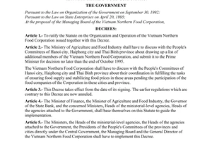 Decree No. 46-CP of July 17, 1995, ratifying the statute on the organization and operation of the Vietnam Northern Food Corporation