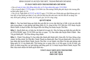 Quyết định 5285/QĐ-UB-QLĐT đơn giá đền bù, trợ cấp thiệt hại đất tài sản phạm vi giải phóng mặt bằng quốc lộ 1A Bình Chánh Thủ Đức