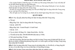 Quyết định 200/QĐ-NH5 cấp giấy phép hoạt động cho Quỹ tín dụng nhân dân Trung ương