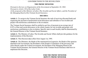 Decision No. 425-TTg of July 26, 1995, assigning to the Vietnam social insurance the task of paying social allowances to war invalids and people with meritorious contributions to the revolution