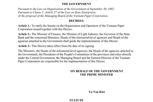 Decree No. 52-CP of August 02, 1995, ratifying the statute on the organization and operation of the Vietnam Paper Corporation