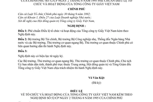 Nghị định 52-CP phê chuẩn Điều lệ tổ chức và hoạt động của Tổng công ty Giấy Việt Nam