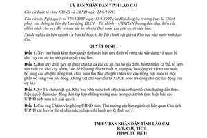 Quyết đinh 330/QĐ.UB 1995 quản lý cho vay dự án nhỏ giải quyết việc làm Lào Cai