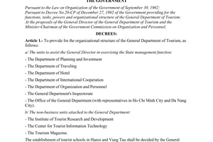 Decree No. 53-CP of August 07, 1995, on organizational structure of The General Department of Tourism