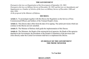 Decree No. 54-CP of August 07, 1995, promulgating the regulation on the service of non-commissioned officers and soldiers of the Vietnam People's Army