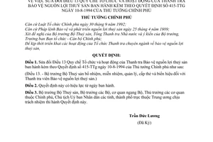 Quyết định 443-TTg quy chế tổ chức hoạt động Thanh tra Bảo vệ nguồn lợi thuỷ sản sửa đổi điều 13 quy chế 415-TTg