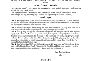 Quyết định 927 TC/QĐ/TCNH sửa đổi phạm vi áp dụng quy tắc, điều khoản, biểu phí bảo hiểm