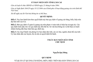 Quyết định 355/QĐ-UB năm 1995 quảng cáo băng biển hiệu Lào Cai