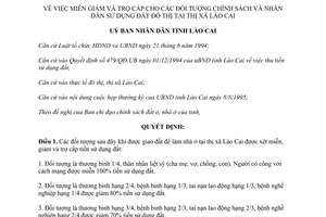 Quyết định 1140/QĐ.UB năm 1995 miễn giảm trợ cấp khi sử dụng đất đô thị Lào Cai