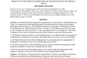 Decision No. 507-TTg of August 26, 1995, transferring state management responsibility over The Da river, Thach Nham, Dau Tieng and Tri An protective forest building projects to the People's Committees of the provinces in the project areas