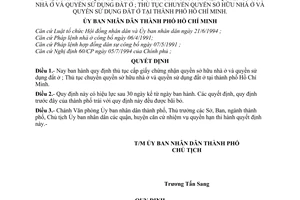 Quyết định 6280/QĐ-UB-QLĐT thủ tục cấp giấy chứng nhận quyền sở hữu nhà sử dụng đất ; Thủ tục chuyển quyền sở hữu nhà đất tại thành phố Hồ Chí Minh
