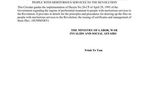 Circular No. 22-LDTBXH/TT of August 29, 1995, providing pro- cedural guidance for setting up and keeping files on people with meritorious services to the revolution