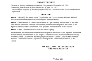 Decree No. 55-CP of September 06, 1995, ratifying the statute on the organization and operation of the Vietnam national textile and garment corporation