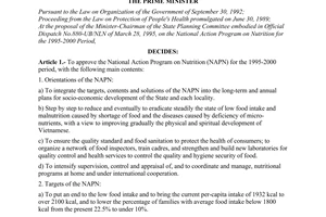 Decision No. 576-TTg of September 16, 1995, approving the national action program on nutrition