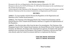 Decision No. 606-TTg of September 26, 1995, promulgating the regulation on the organization and operation of the Vietnam social insurance
