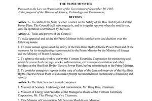 Decision No. 607-TTg of September 27, 1995, to establish the state science council on the safety of the Hoa Binh hydro-electric power plant