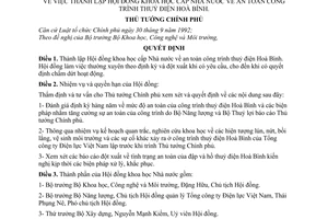 Quyết định 607-TTg thành lập Hội đồng Khoa học cấp Nhà nước an toàn công trình thuỷ điện Hoà Bình