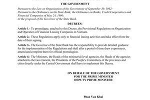 Decree No. 64-CP of October 09, 1995, promulgating the provisional regulations on organization and operation of financial leasing companies in Vietnam