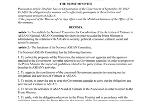 Decision No. 651-TTg of October 10, 1995, on establishment of the national committee for coordination of the activities of Vietnam in Asean