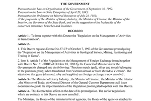 Decree No. 65-CP of October 13, 1995, promulgating the regulation on the management of activities in gem business