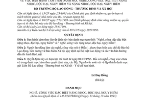 Quyết định 1453/LĐTBXH-QĐ tạm thời danh mục nghề, công việc đặc biệt nặng nhọc, độc hại, nguy hiểm và nặng nhọc, độc hại, nguy hiểm